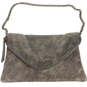 J Crew Leather Envelope Clutch Bag Chain Strap Olive Grey